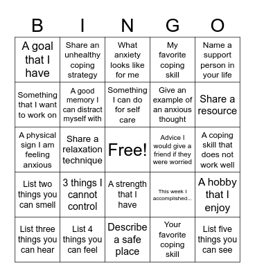 Mental Health Bingo Card