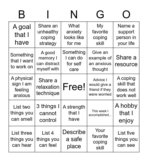 Mental Health Bingo Card