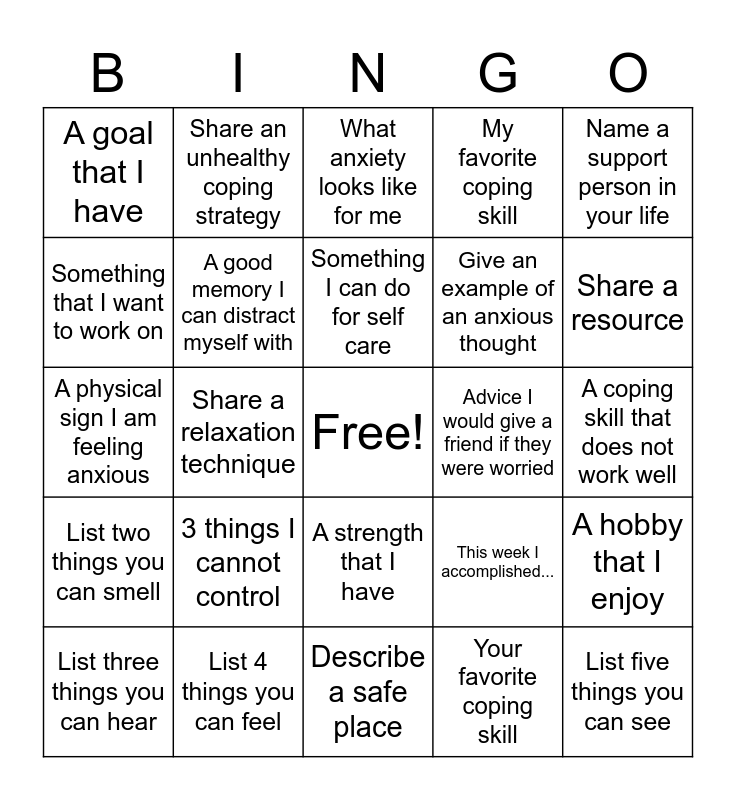 Mental Health Bingo Card