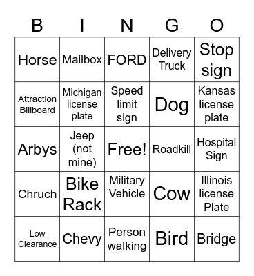 ROAD TRIP BINGO Card