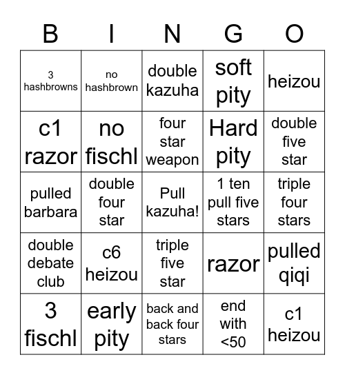 Kazuha Bingo Card