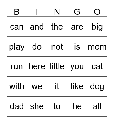 Pink/Red Sight Words Bingo Card