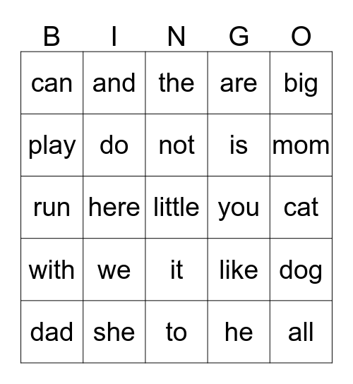 Pink/Red Sight Words Bingo Card