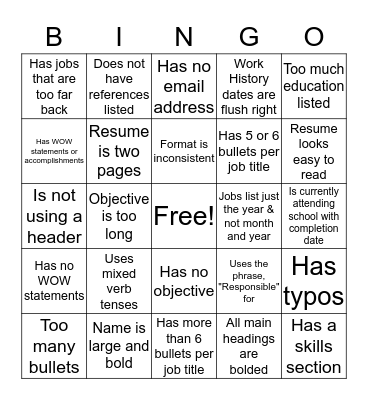 RESUME BINGO Card