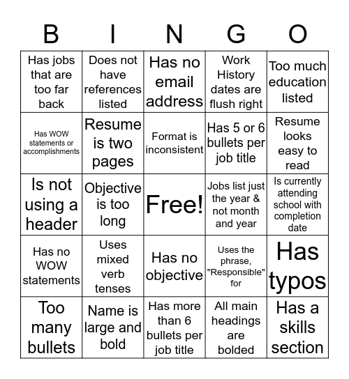 RESUME BINGO Card