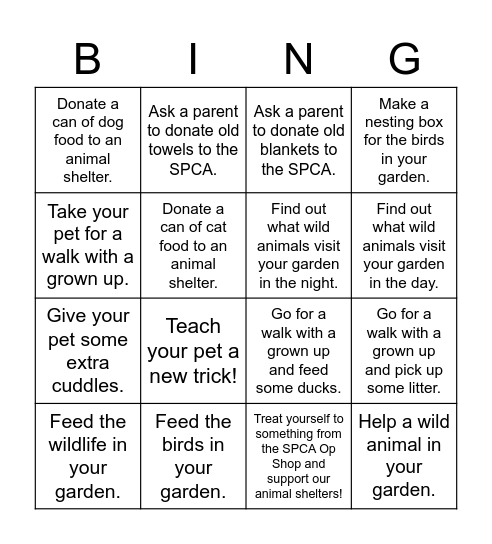 Helping Animals and the Environment Bingo Card