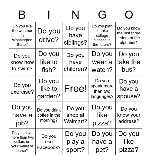 H - BINGO - LEVEL 2 - Do you? Bingo Card