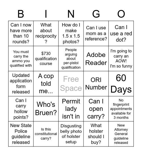 New Jersey Post-Bruen CCW Bingo Card