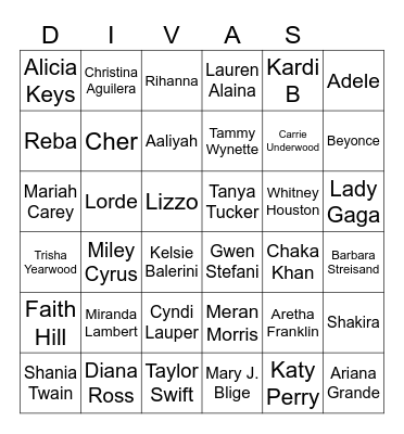 DIVAS OF MUSIC Bingo Card