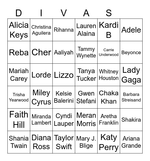 DIVAS OF MUSIC Bingo Card