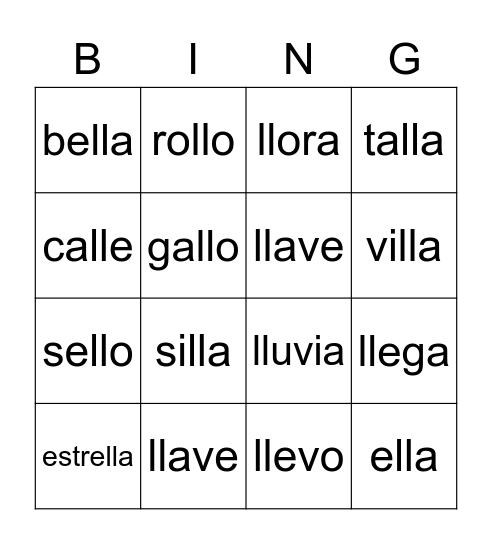 Mis palabras con Ll Bingo Card