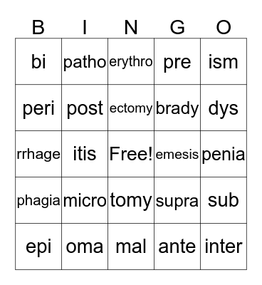 Medical Terminology Bingo Card