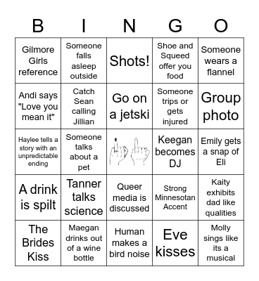Camp Bachelorette Bingo Card