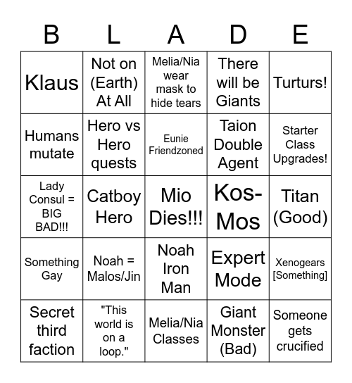 Xenoblade 3 Bingo Card