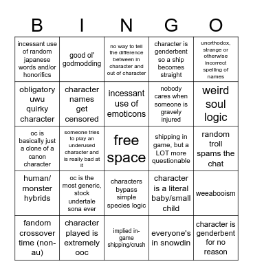 roblox undertale roleplay bingo Card