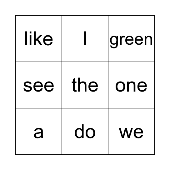 Sight Word Bingo Card