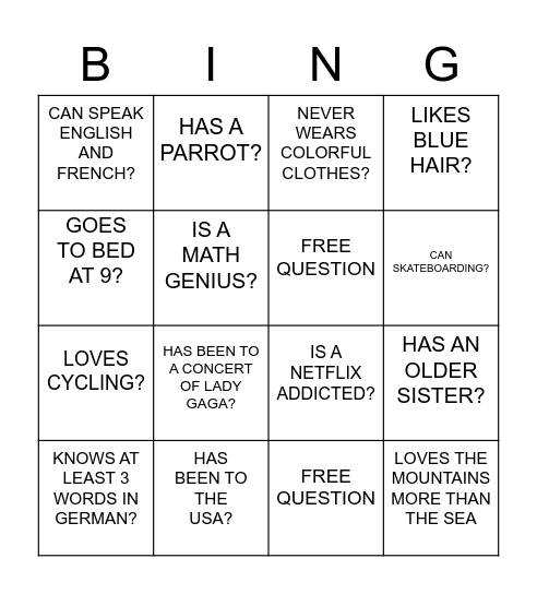 Teens Bingo Card