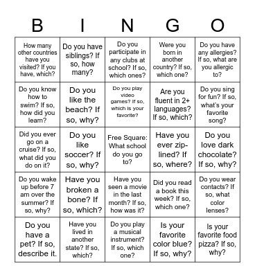 Bingo Icebreaker Bingo Card