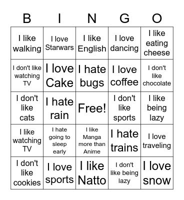 Like, Dont like, Hate, Love Bingo Card