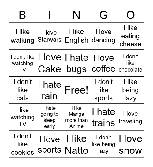 Like, Dont like, Hate, Love Bingo Card
