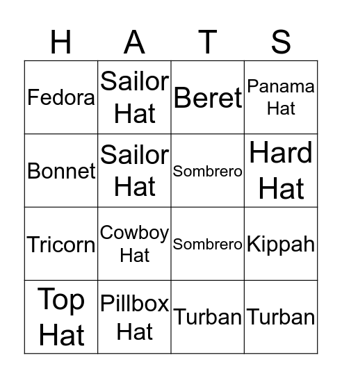 What HAT is that HAT Bingo Card