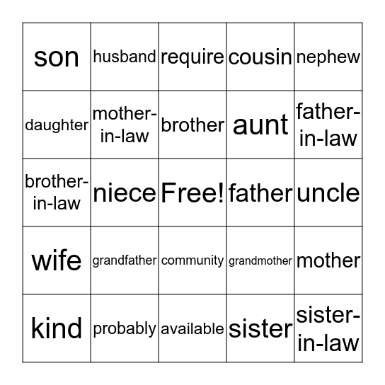 Vocabulary Review Bingo Card