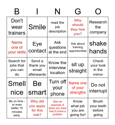 Job Interview Bingo Card