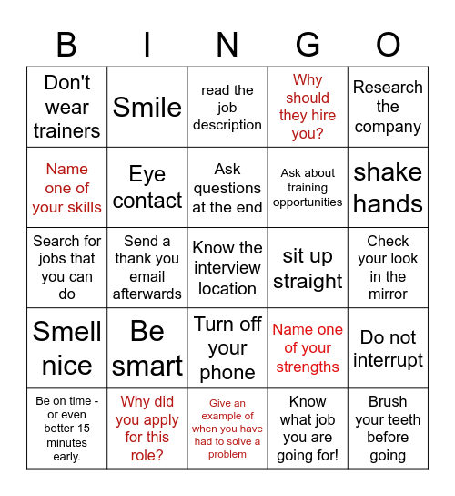 Job Interview Bingo Card