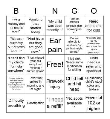 4th of July Pediatric Triage Bingo Card