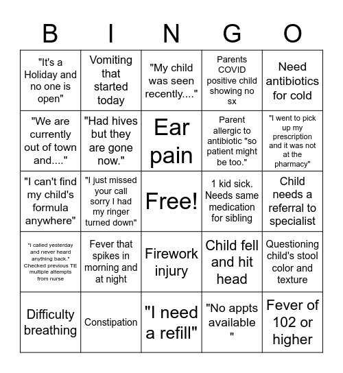 4th of July Pediatric Triage Bingo Card