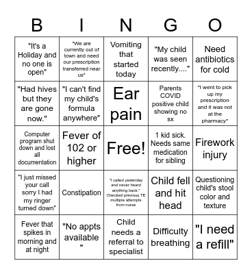 4th of July Pediatric Triage Bingo Card