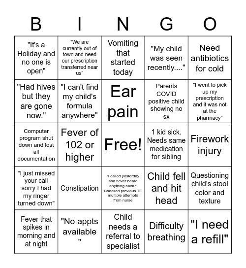 4th of July Pediatric Triage Bingo Card