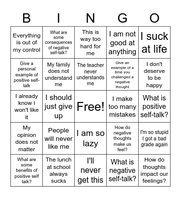 Challenging Negative Thoughts Bingo Card
