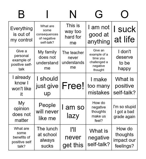 Challenging Negative Thoughts Bingo Card
