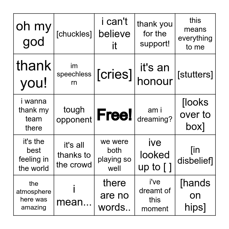 tennis postmatch interview Bingo Card