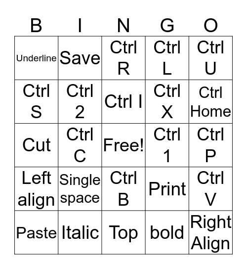 Word Shortcuts Bingo Card