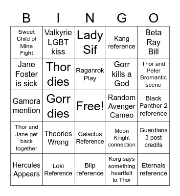 Thor Love and Thunder Bingo Card