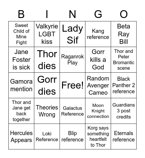 Thor Love and Thunder Bingo Card