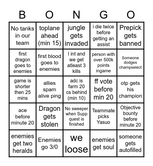 Solo Queue Bongo Bingo Card