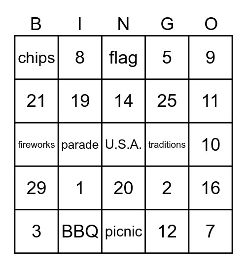 JULY 4th Bingo Card