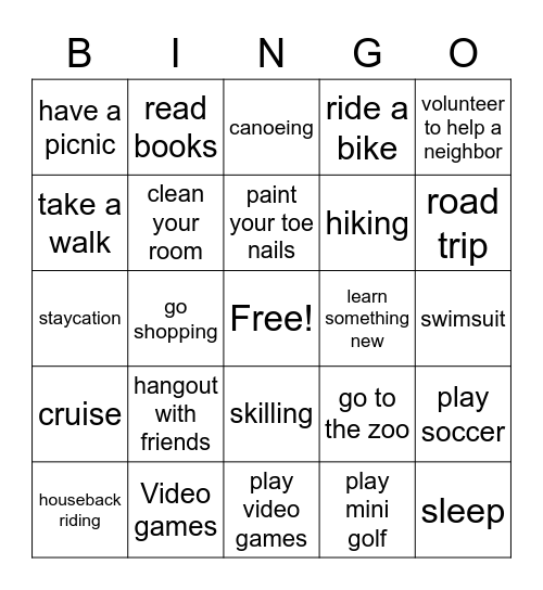 Vacation Bingo Card