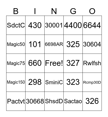 MRR & One Time Codes Bingo Card