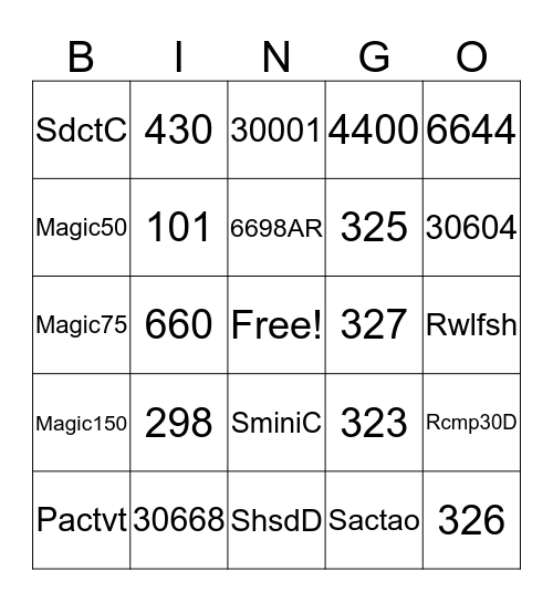 MRR & One Time Codes Bingo Card