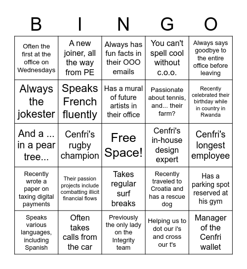 Cenfri Workplace Bingo Card