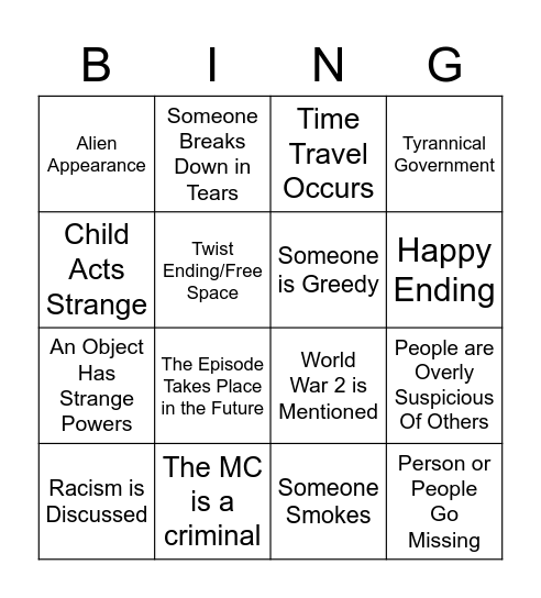 Twilight Zone Bingo Card