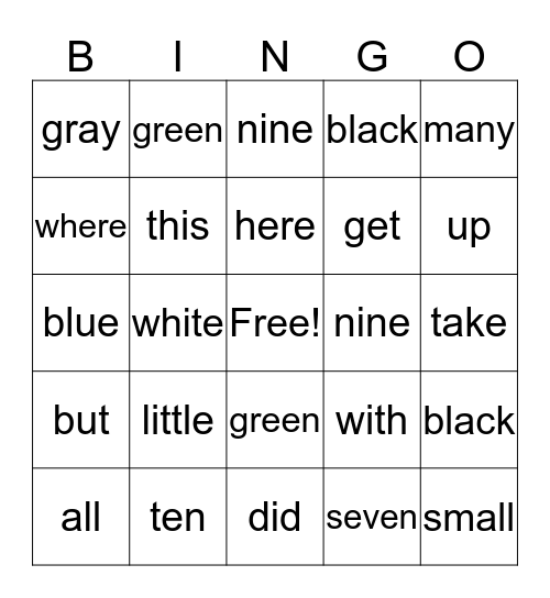 Site Words Bingo Card