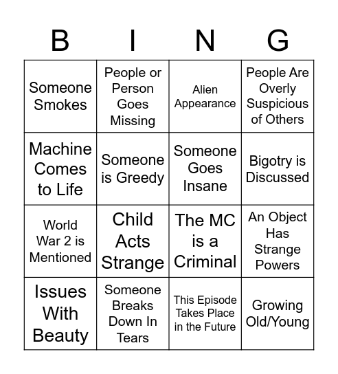 Twilight Zone Bingo Card