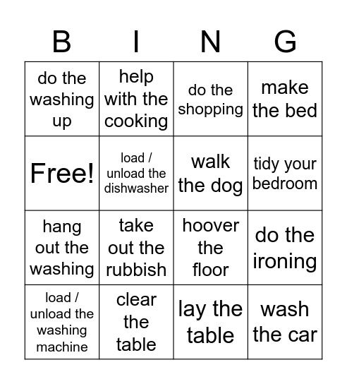 HOUSEWORK Bingo Card