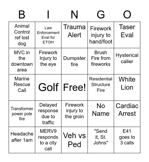 Fire Rescue 4th Bingo Card