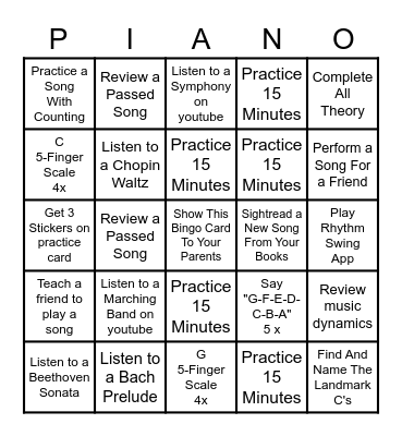 Piano Practice Bingo Challenge Bingo Card